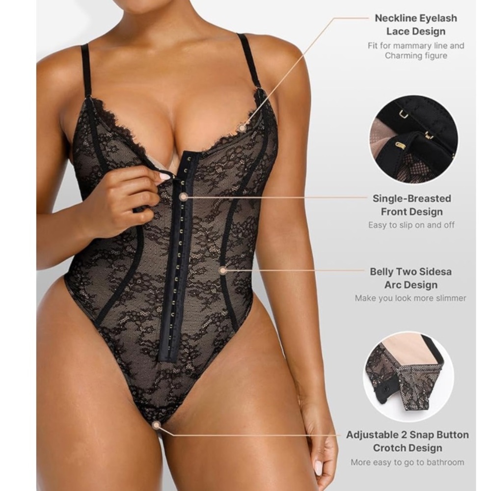 SHAPELLX Lace Bodysuit for Women Tummy Control 
Size Medium